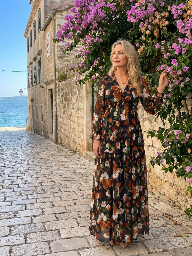 Camelo | Vestido Largo Maxi de Manga Larga con Estampado Floral