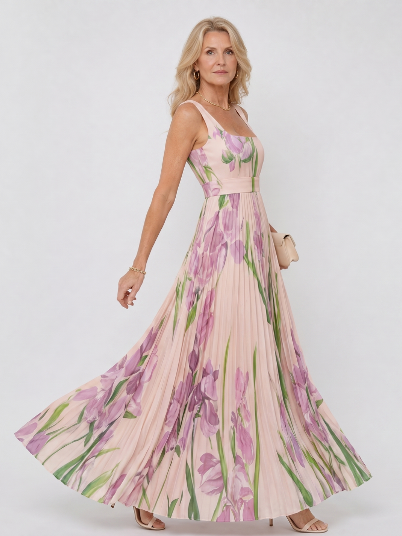 Vimele | Vestido Midi Sin Mangas con Cuello Cuadrado y Pliegues