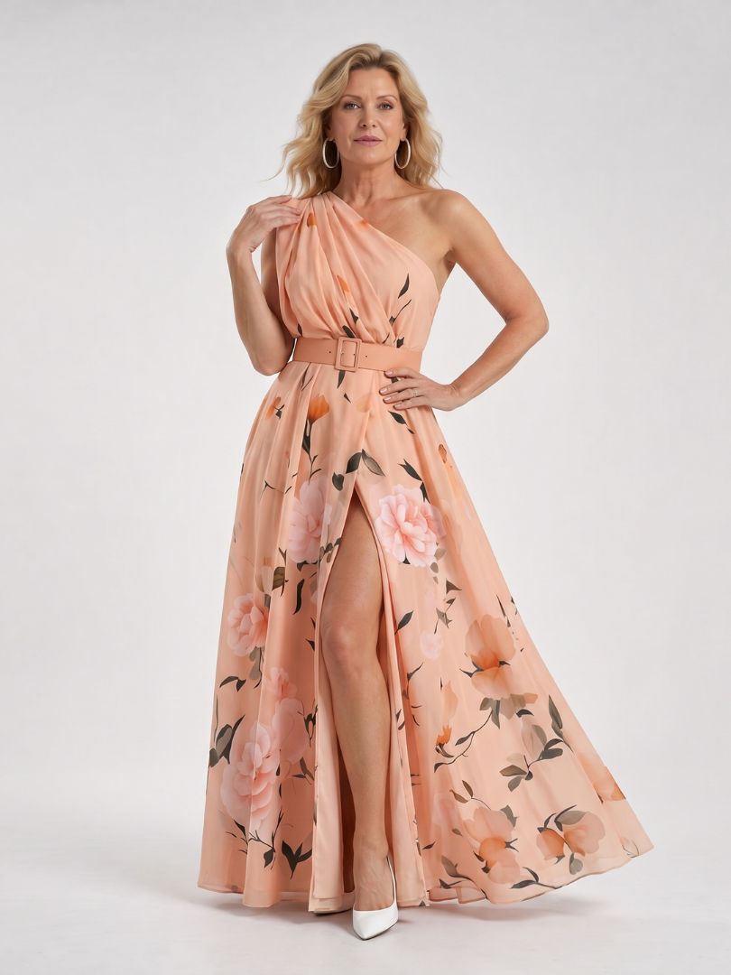 Manios | Vestido Maxi con Estampado Floral y Un Hombro con Cinturón