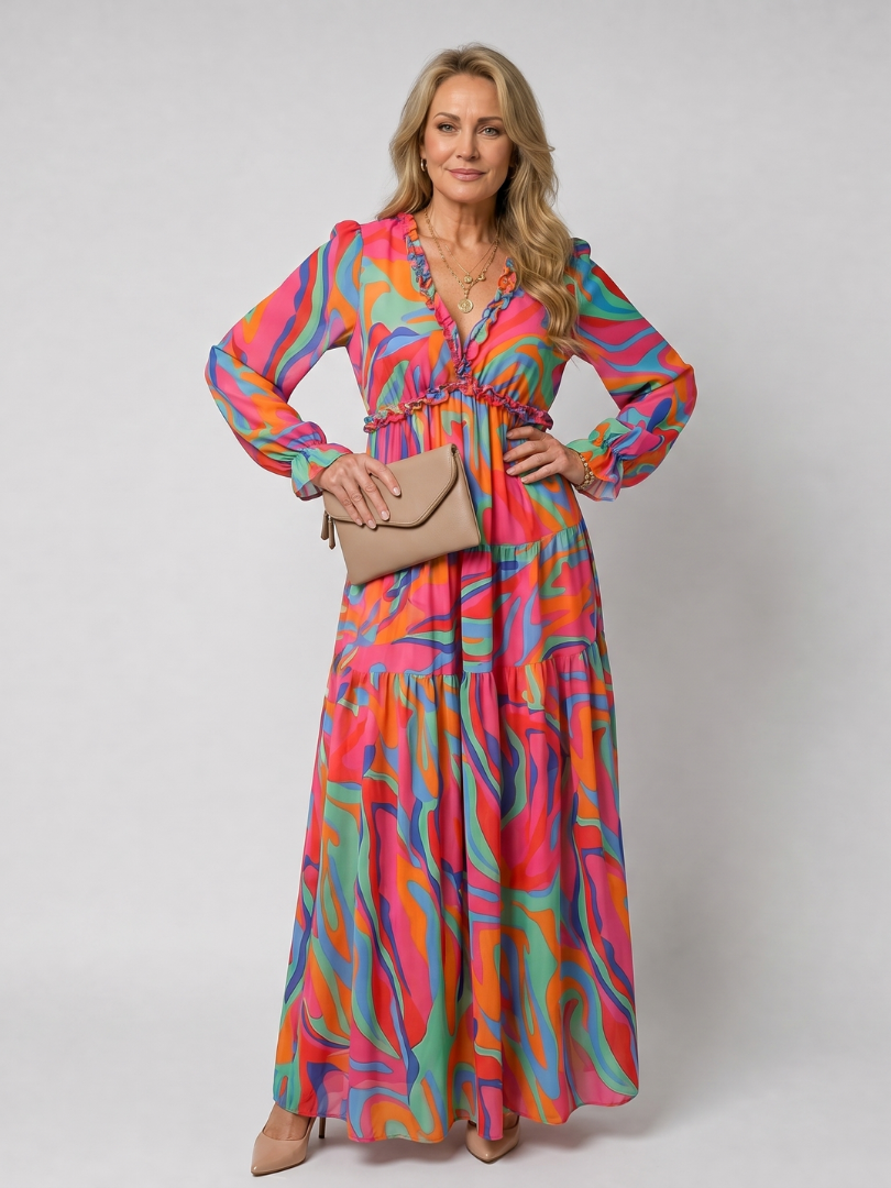 Camelo | Vestido Largo Maxi de Manga Larga con Estampado Floral