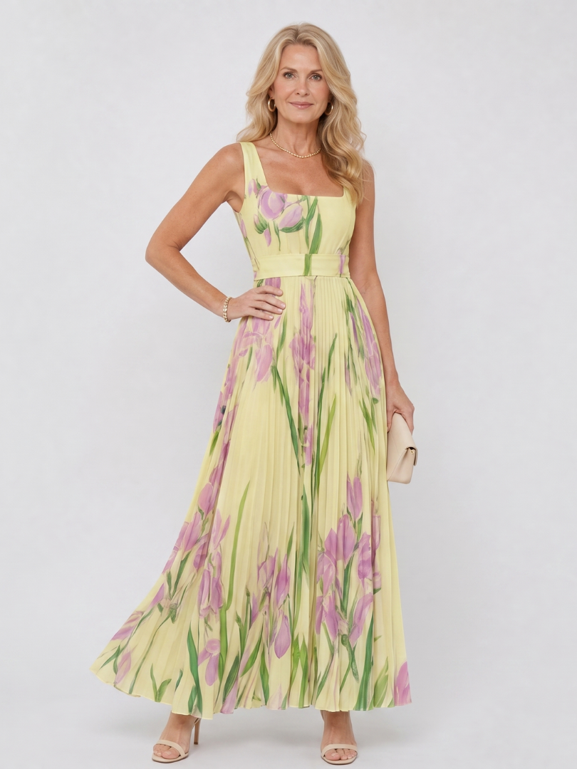 Vimele | Vestido Midi Sin Mangas con Cuello Cuadrado y Pliegues