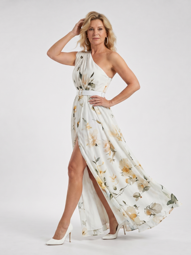 Manios | Vestido Maxi con Estampado Floral y Un Hombro con Cinturón