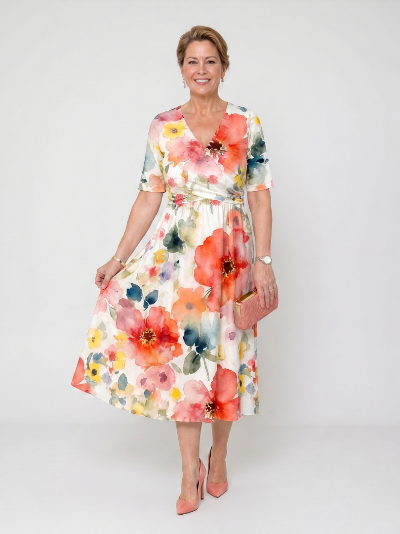 Corinne | Vestido Midi de Manga Corta con Estampado Floral