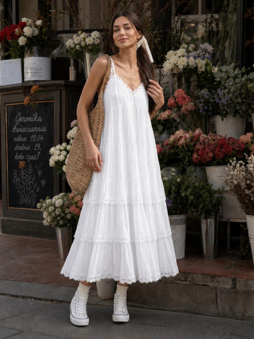 Lorelei | Vestido Midi de Capas de Encaje con Tirantes de Espagueti