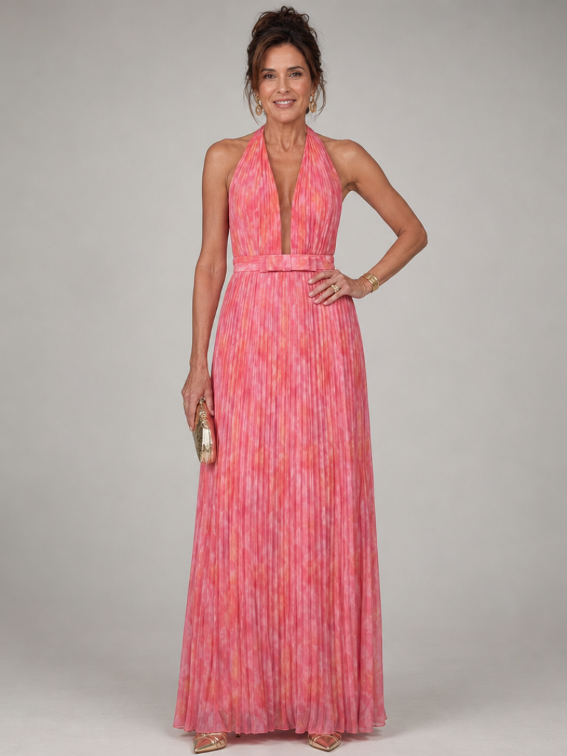 Rosel | Vestido Maxi de Falda Plisada con Cuello Halter