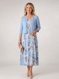Celeste | Vestido Midi Sin Mangas con Chaqueta Cortada de Estampado Floral