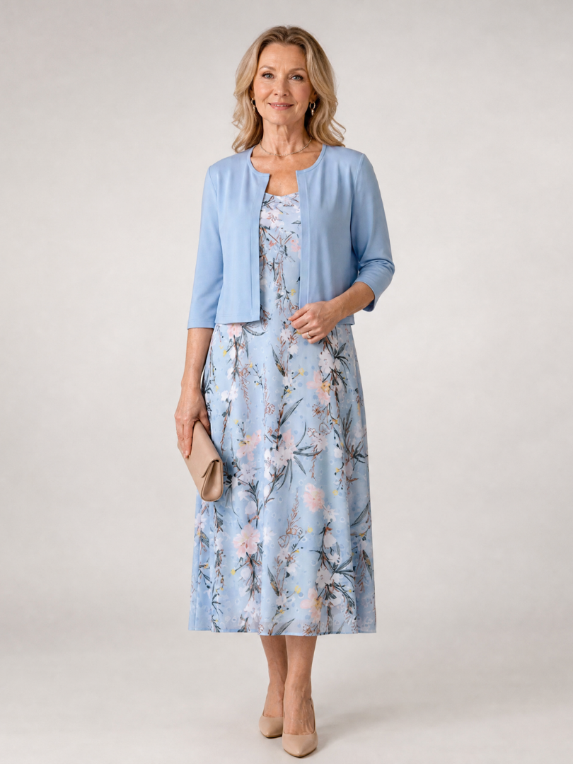 Celeste | Vestido Midi Sin Mangas con Chaqueta Cortada de Estampado Floral