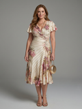 Katarina | Vestido midi de manga flutter con estampado floral y rayas
