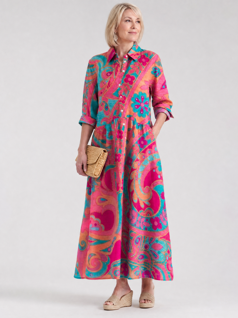 Klera | Vestido Midi de Botones Impreso con Cuello