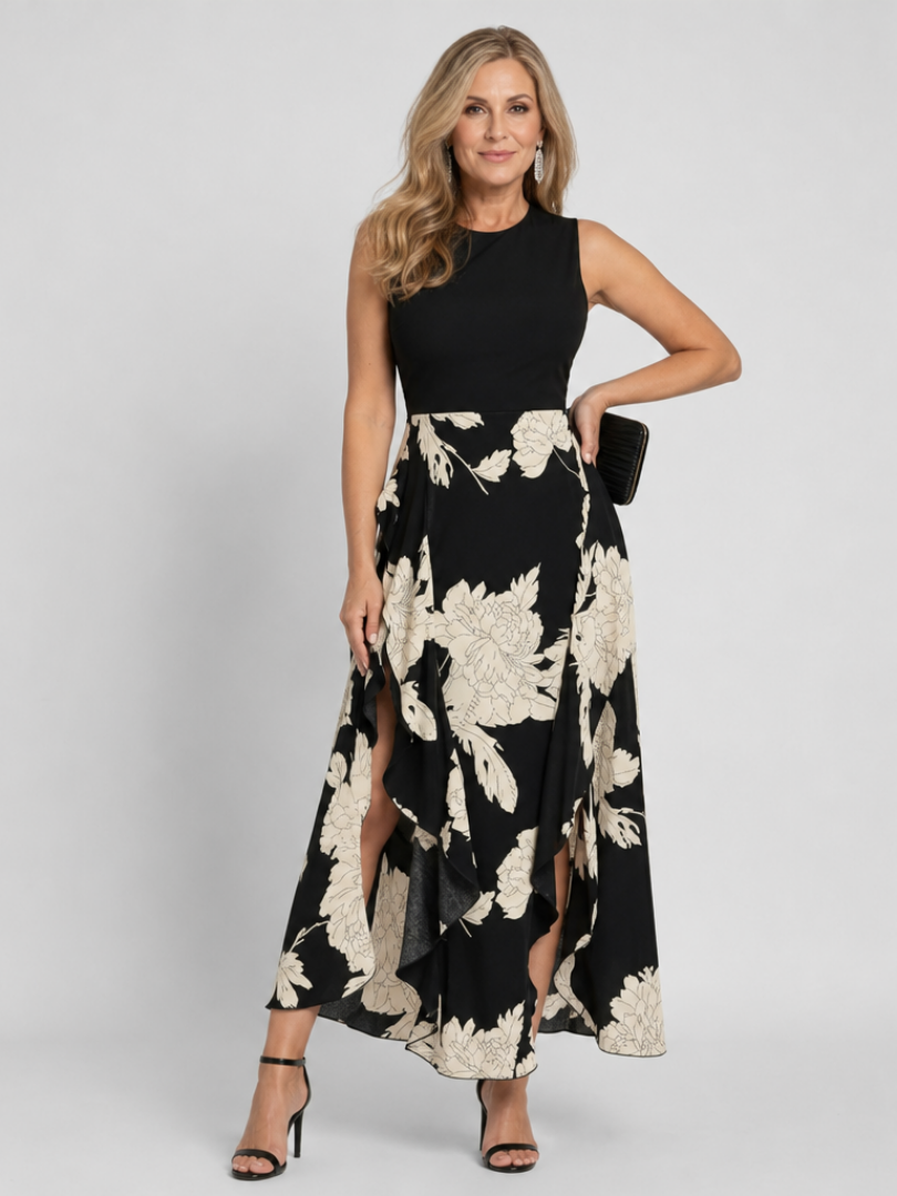 Klasen | Vestido Midi Sin Mangas con Estampado Floral y Dobladillo Asimétrico