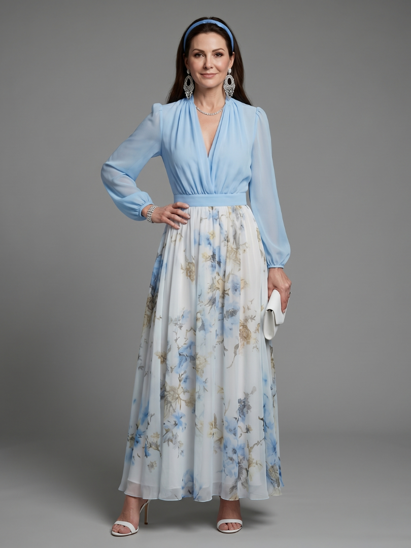 Augusta | Vestido Maxi Floral con Cuerpo Transparente y Escote en V