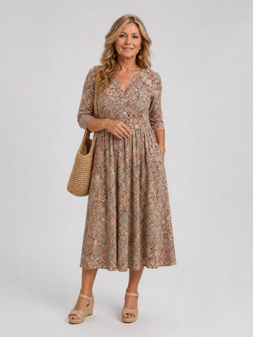 Picao | Vestido Midi de Manga Tres Cuartos Vintage