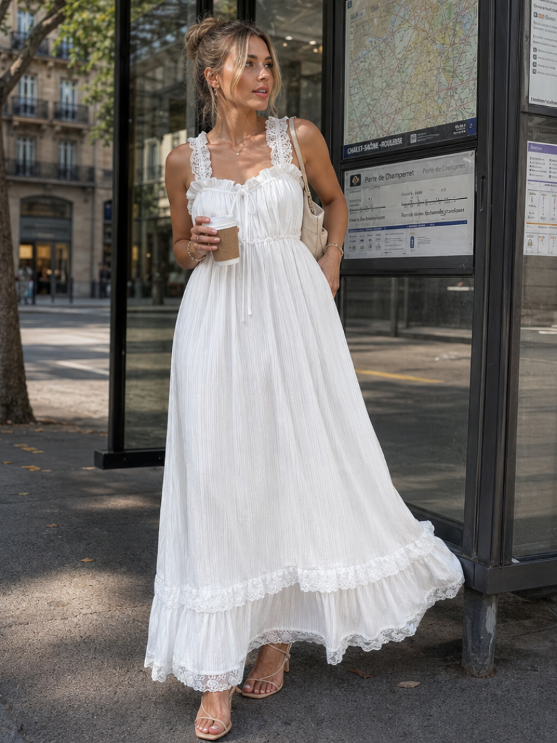 Leach | Vestido midi sin mangas con tirantes de volantes