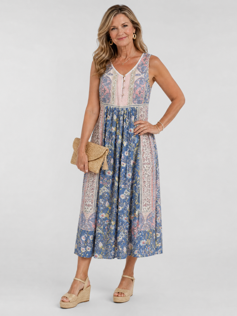 Lemez | Vestido Midi Sin Mangas con Detalle de Botones y Estampado Floral Mixto
