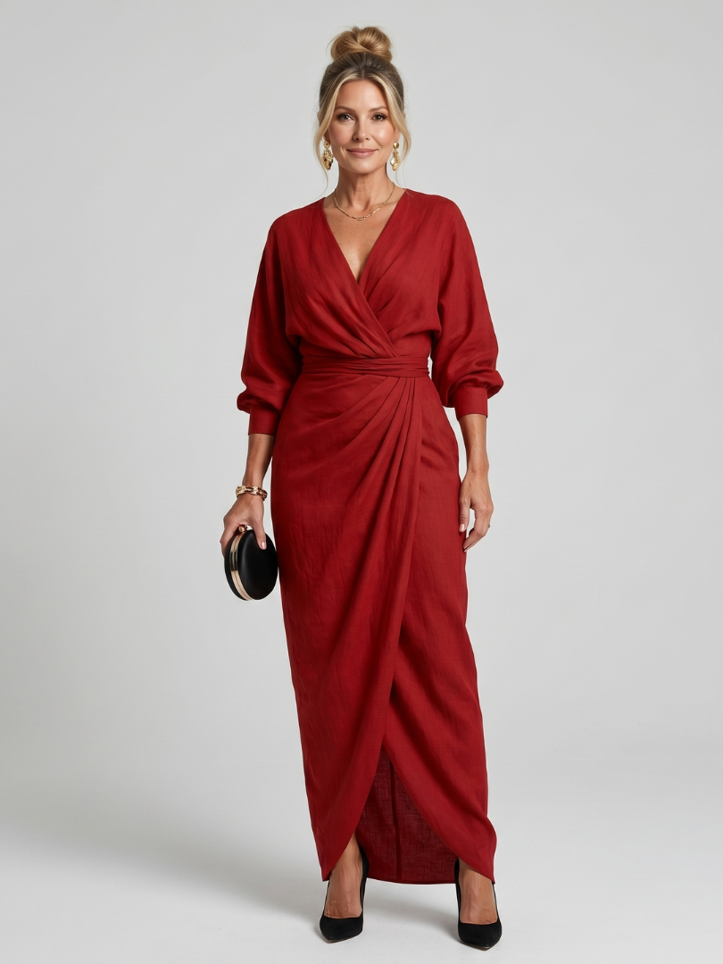 Fábula | Vestido Midi de Manga Larga y Cuerpo Cruzado