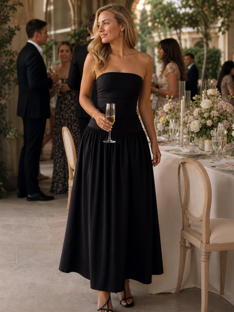 Zelene | Vestido Midi con Cuerpo Fruncido sin Tirantes