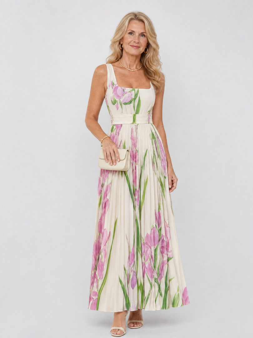 Vimele | Vestido Midi Sin Mangas con Cuello Cuadrado y Pliegues