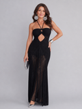 Zephyra | Vestido Maxi de Ganchillo con Detalle de Flecos en Cuello Halter