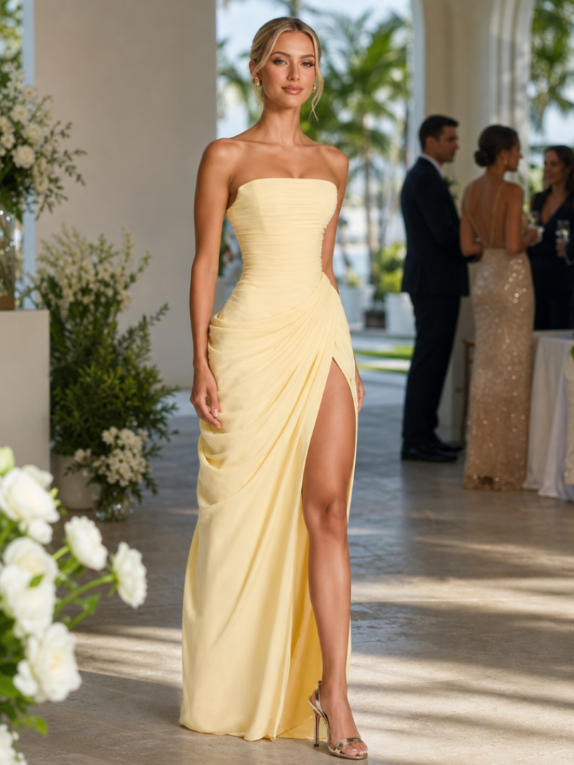 Ishra | Vestido Maxi Sin Tirantes con Abertura Lateral Alta
