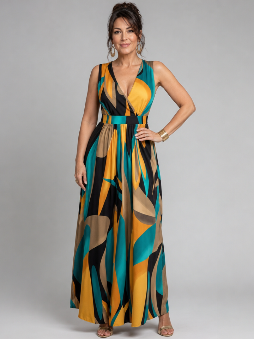 Zarela | Vestido Maxi Sin Mangas con Estampado Abstracto