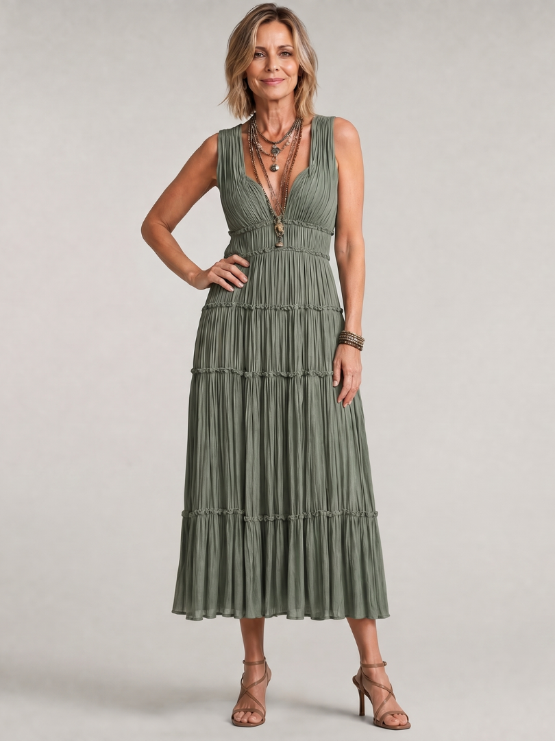 Somala | Vestido Midi Sin Mangas con Pliegues y Escote en V