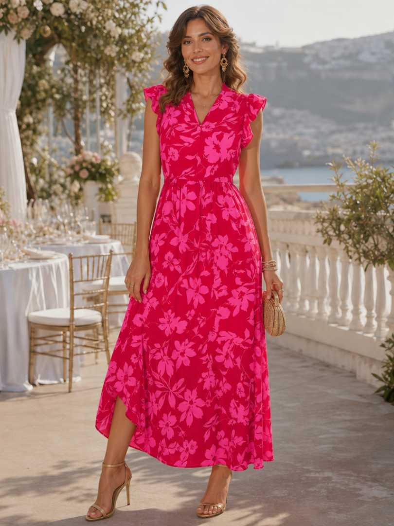 Zame | Vestido midi sin mangas con escote en V y volantes