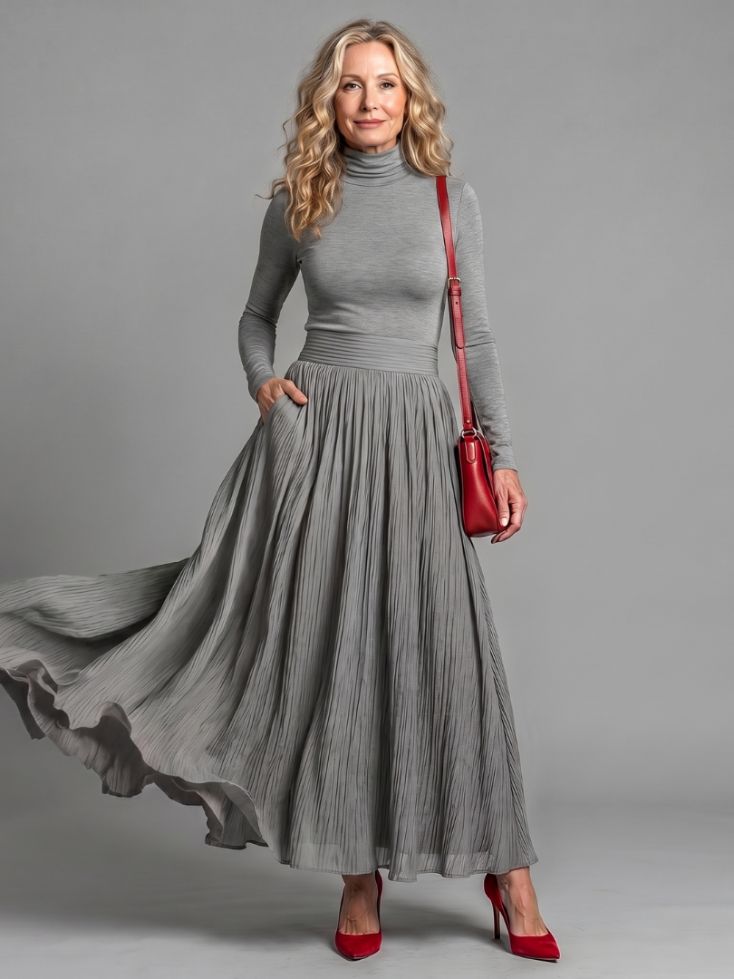 Lana | Vestido Midi de Cuello Alto y Manga Larga con Cintura Definida