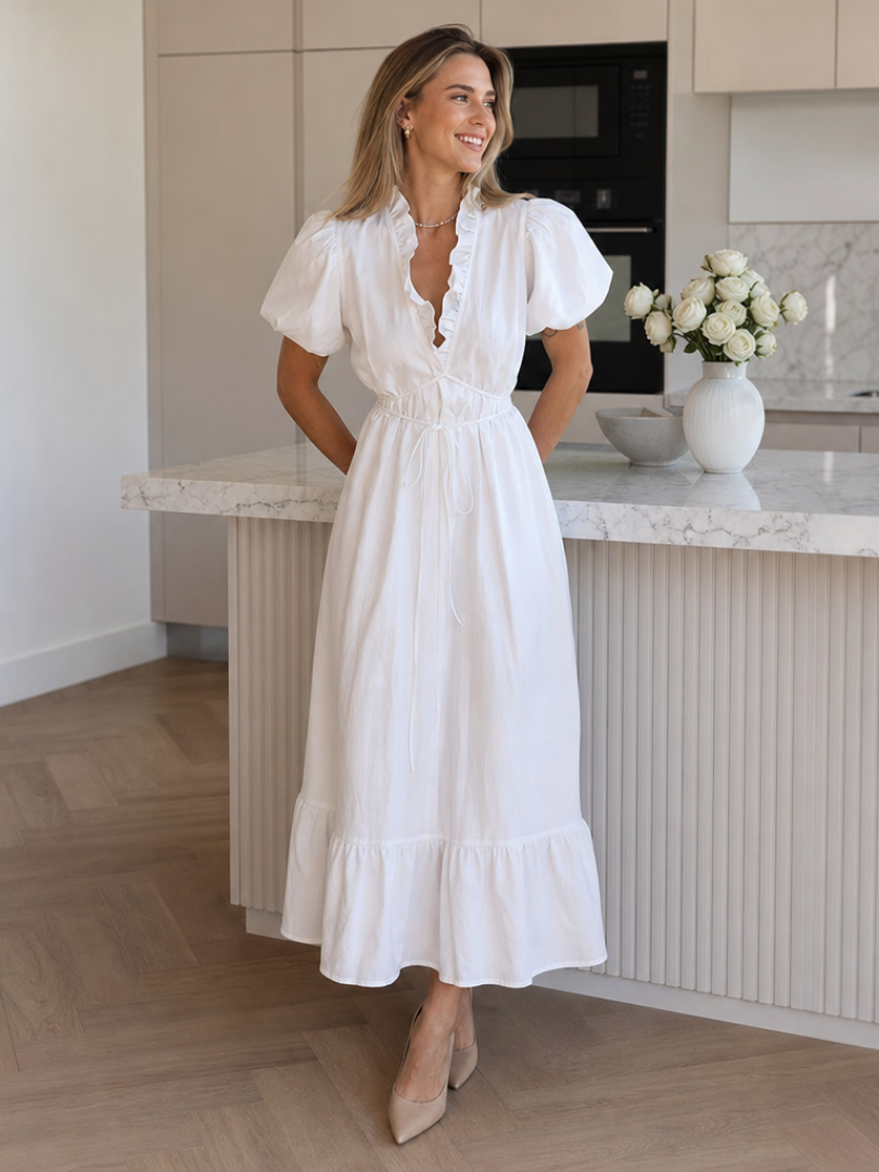 Okea | Vestido Midi con Mangas Cortas Abullonadas y Cintura Ajustable