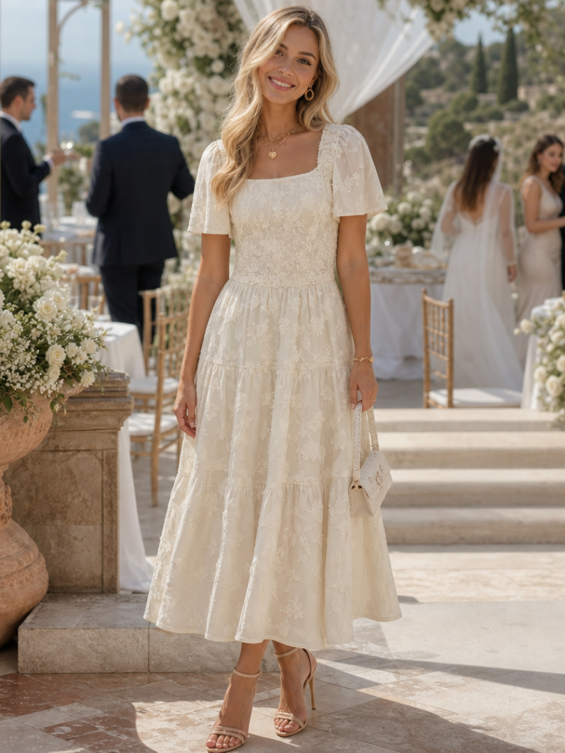 Elaria | Vestido midi con detalle floral texturizado de manga corta
