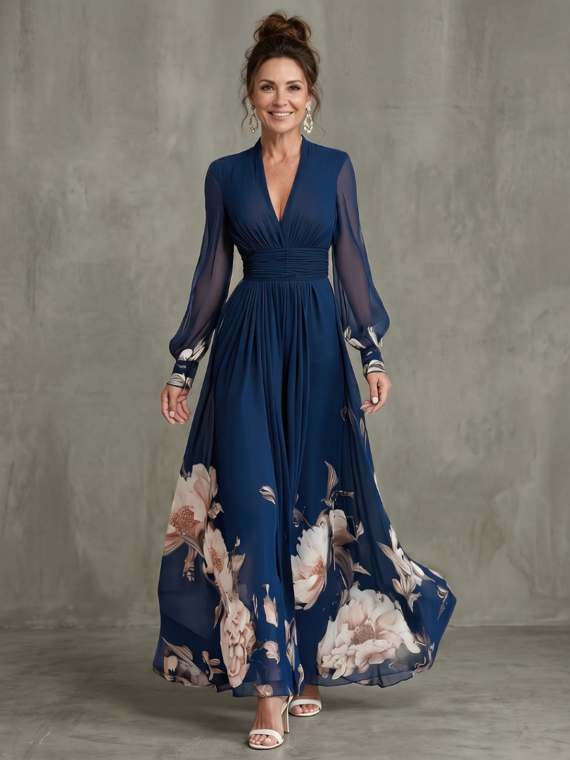 Ziva | Vestido Maxi con Mangas Plisadas y Transparentes