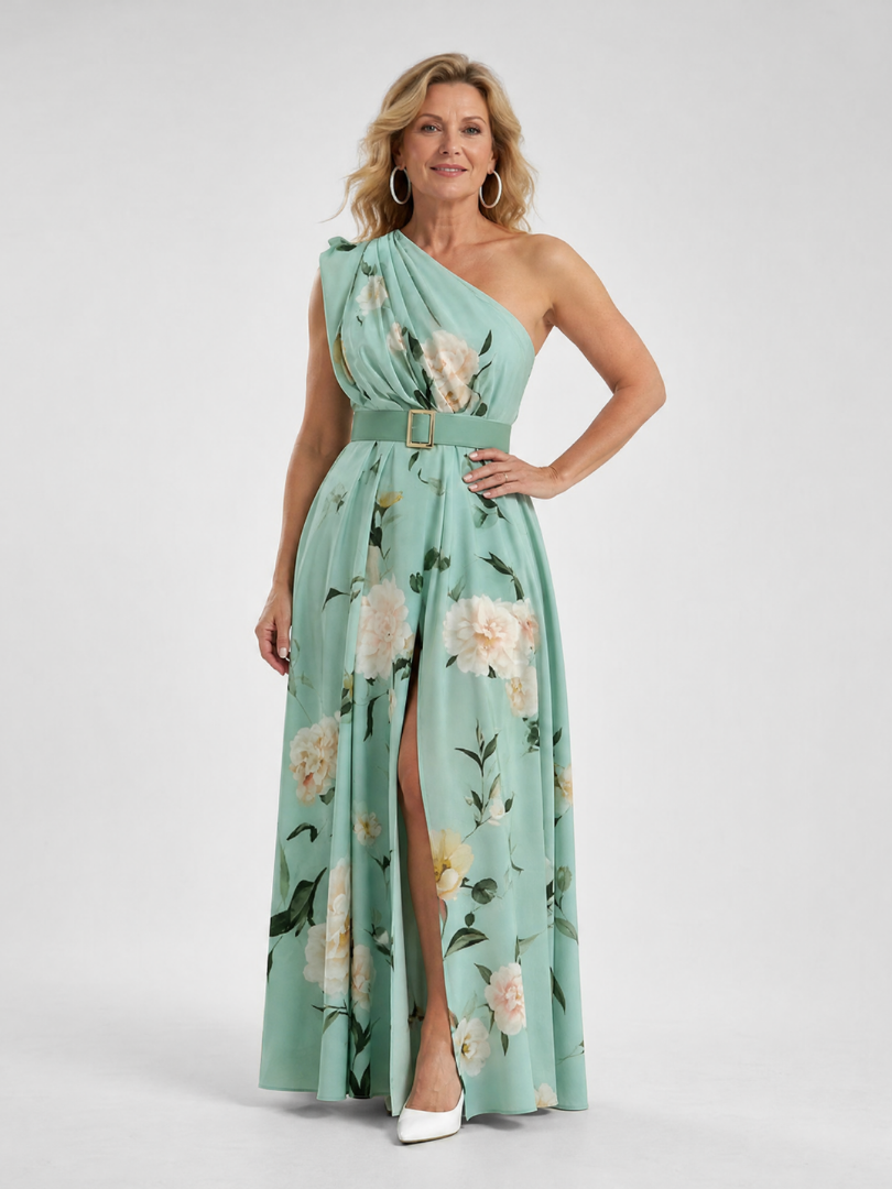 Manios | Vestido Maxi con Estampado Floral y Un Hombro con Cinturón