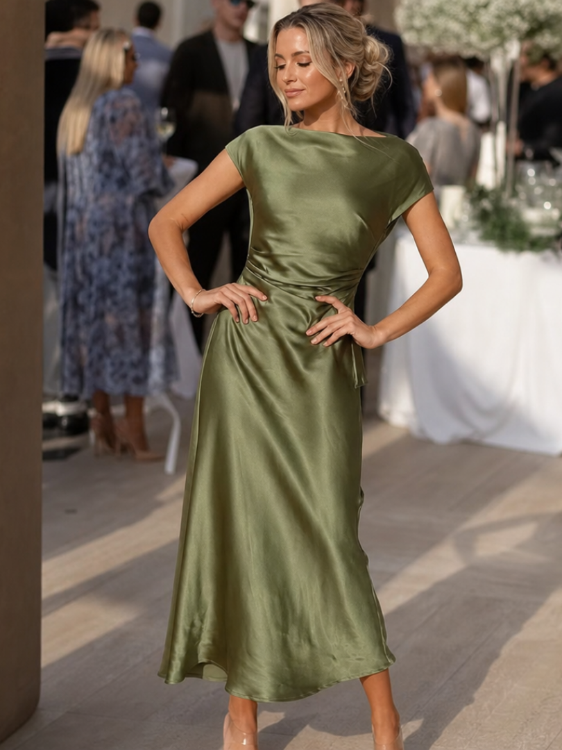 Elure | Vestido midi ajustado de manga corta y escote barco