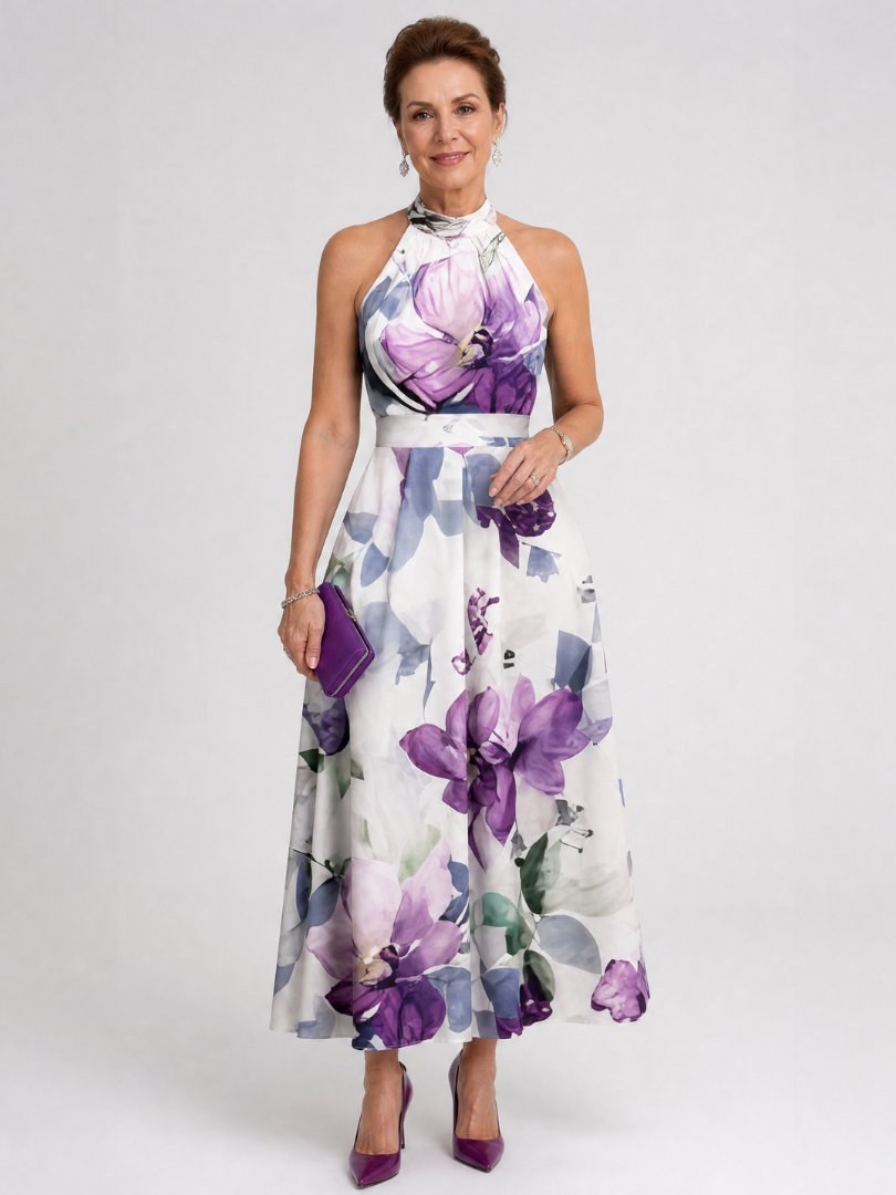 Omego | Vestido midi fluido con cuello halter de flores suaves