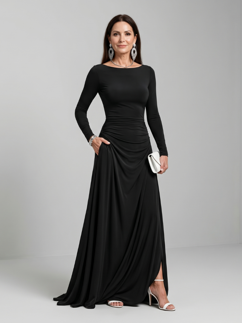 Gyram | Vestido Maxi Fluido de Manga Larga y Cuello Barco
