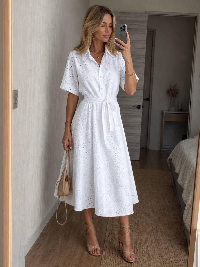 Eden | Vestido Midi de Manga Corta con Botones y Cintura Ajustable