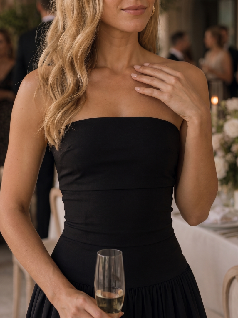 Zelene | Vestido Midi con Cuerpo Fruncido sin Tirantes