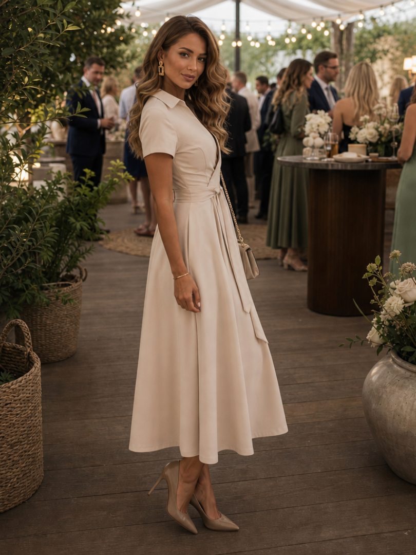 Eleq | Vestido midi de manga corta con cuello y cintura envolvente