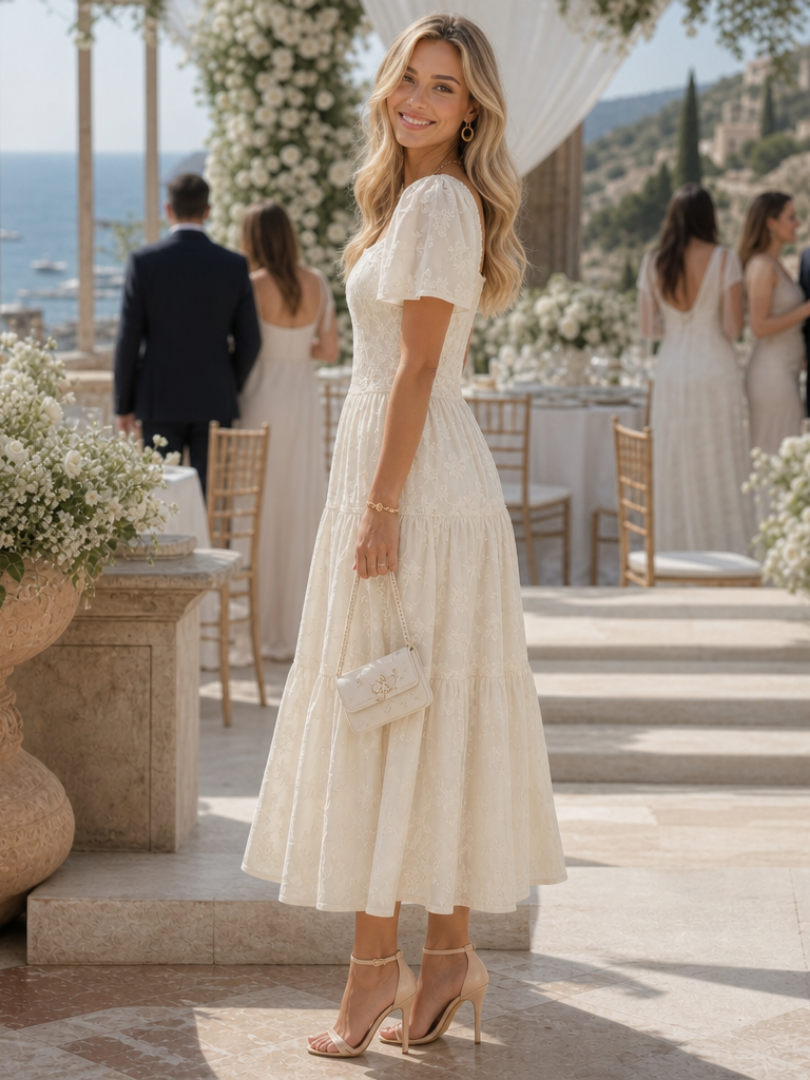 Elaria | Vestido midi con detalle floral texturizado de manga corta