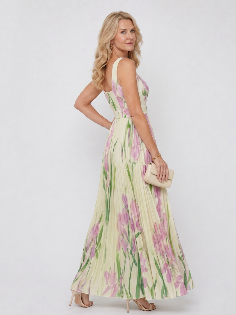 Vimele | Vestido Midi Sin Mangas con Cuello Cuadrado y Pliegues