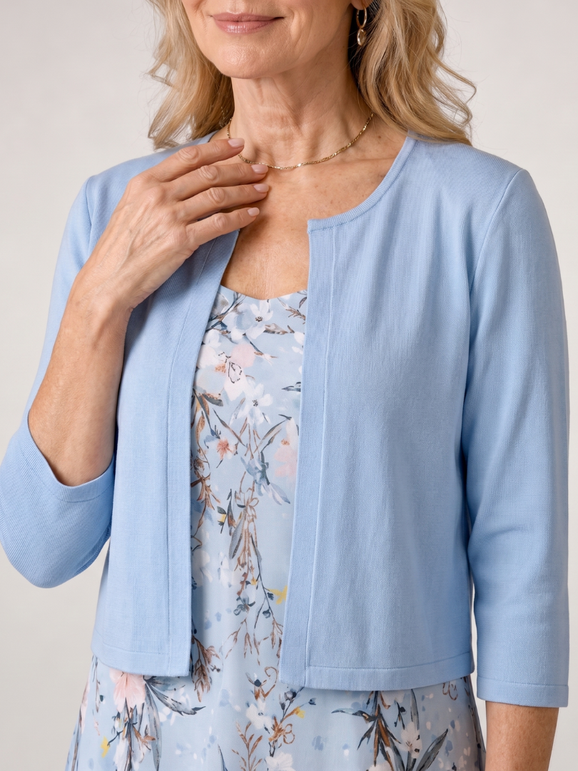 Celeste | Vestido Midi Sin Mangas con Chaqueta Cortada de Estampado Floral