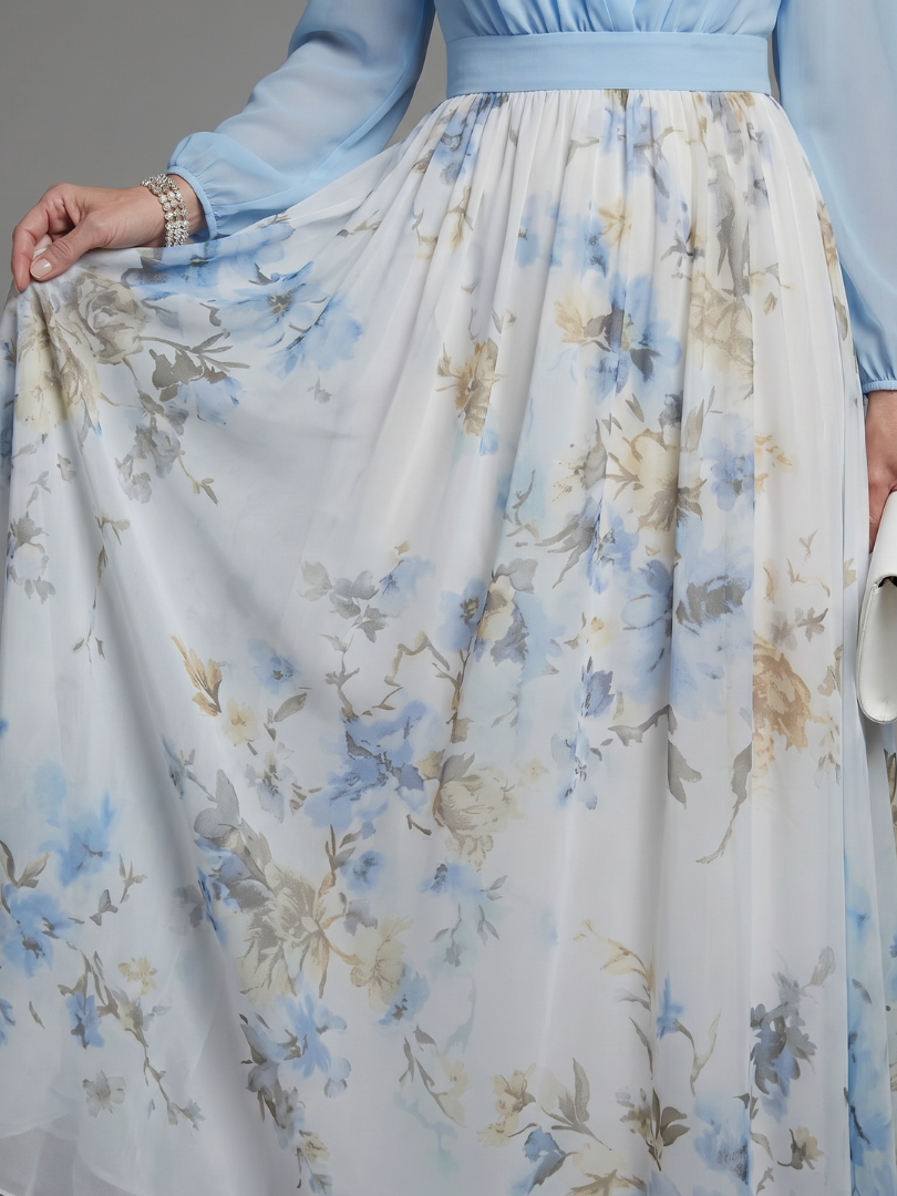 Augusta | Vestido Maxi Floral con Cuerpo Transparente y Escote en V