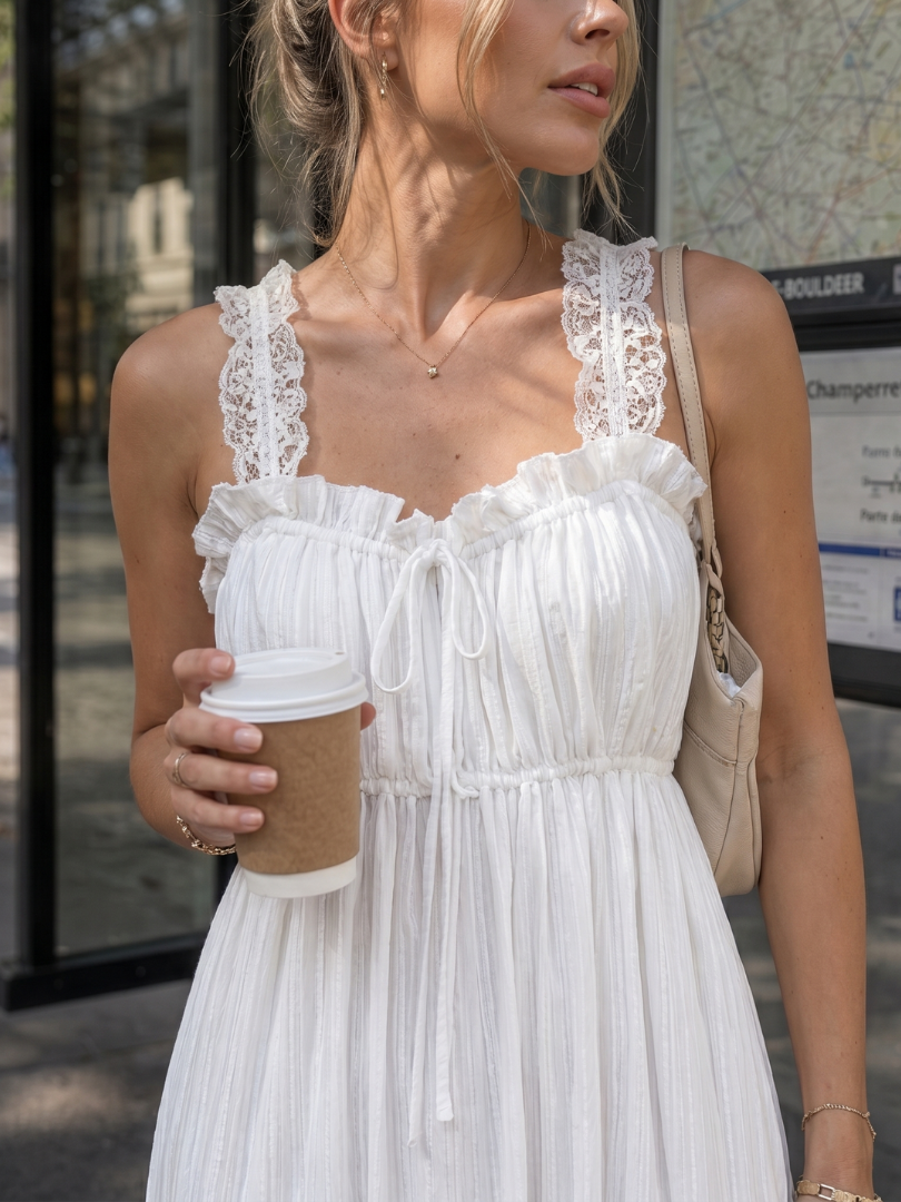 Leach | Vestido midi sin mangas con tirantes de volantes