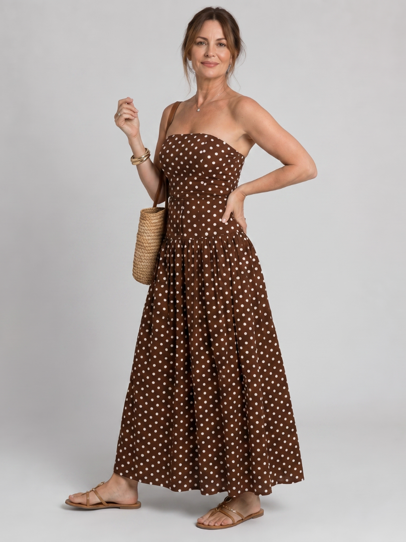 Sorien | Vestido Midi sin Tirantes con Patrón de Lunares