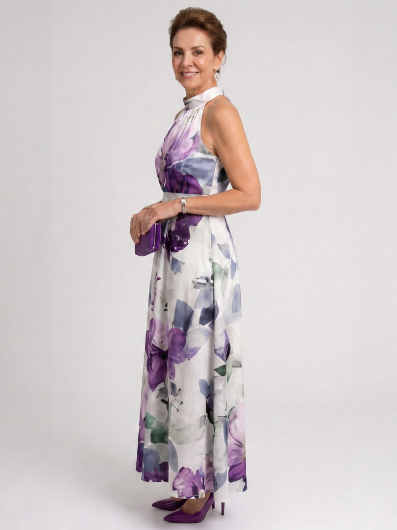 Omego | Vestido midi fluido con cuello halter de flores suaves