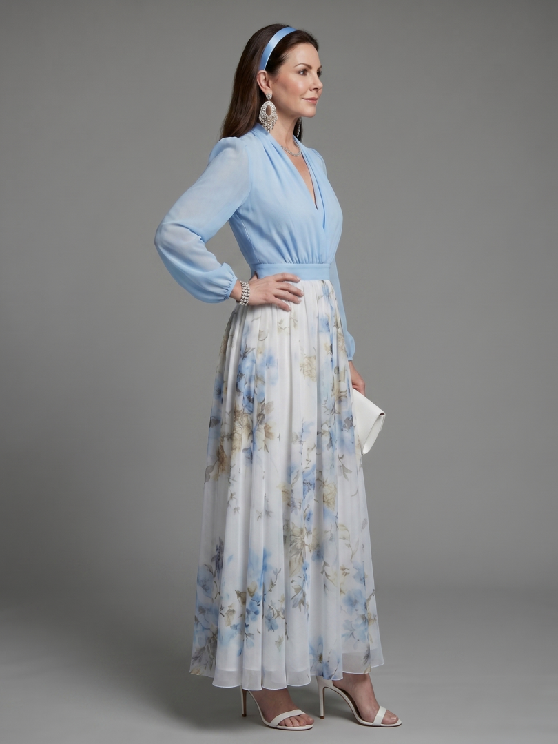 Augusta | Vestido Maxi Floral con Cuerpo Transparente y Escote en V