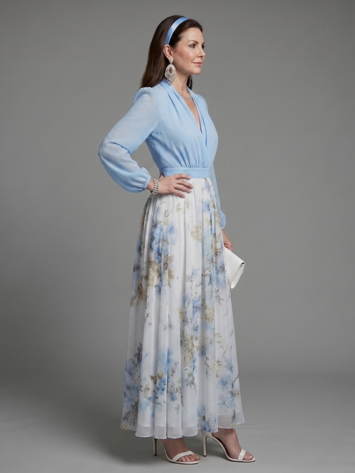 Augusta | Vestido Maxi Floral con Cuerpo Transparente y Escote en V