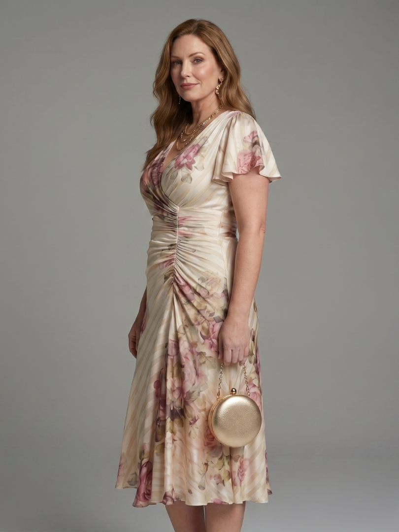 Katarina | Vestido midi de manga flutter con estampado floral y rayas