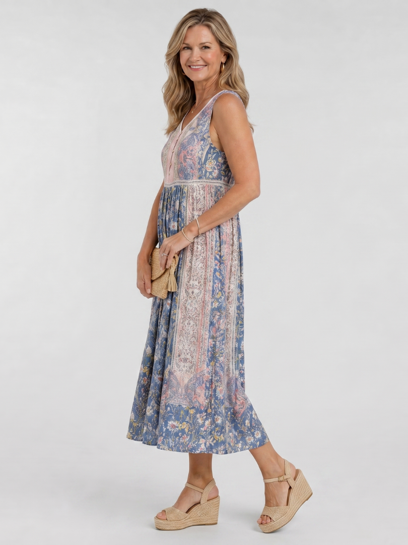 Lemez | Vestido Midi Sin Mangas con Detalle de Botones y Estampado Floral Mixto