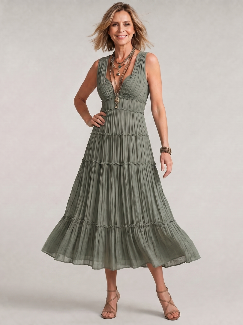 Somala | Vestido Midi Sin Mangas con Pliegues y Escote en V