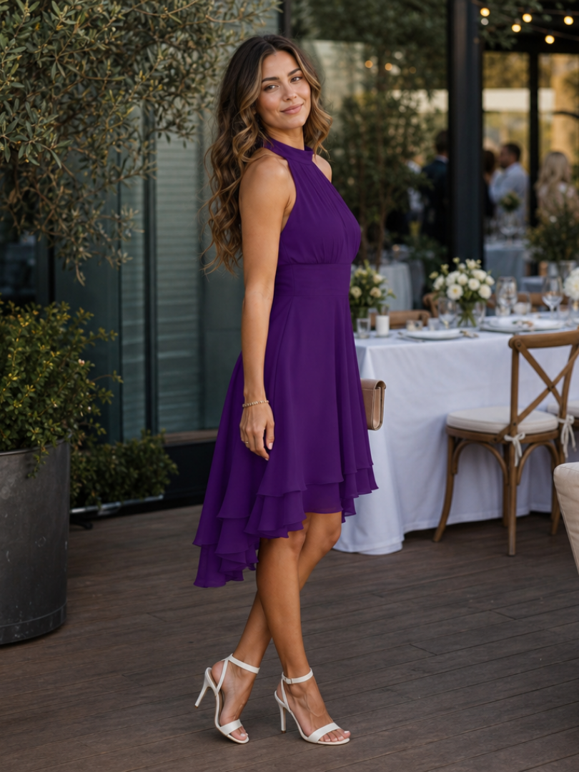 Iyla | Vestido de Longitud a la Rodilla con Cuello Halter y Dobladillo Encapasado